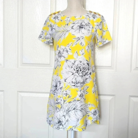 Juicy Couture Bright Yellow Floral Shift Dress Gold logo Buttons - Picture 1 of 8